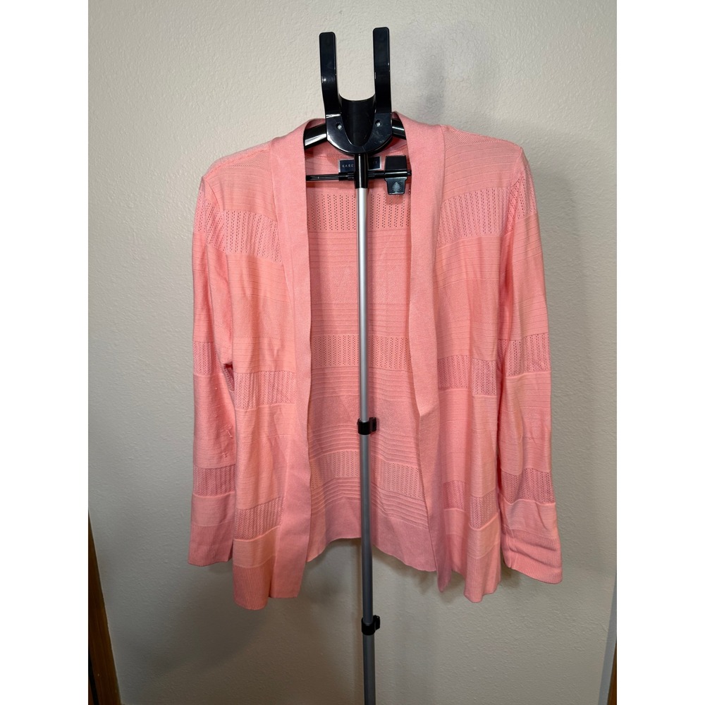 Karen Scott Pink Mixed Knit Open Front Cardigan Sweater Coral Pointelle Large